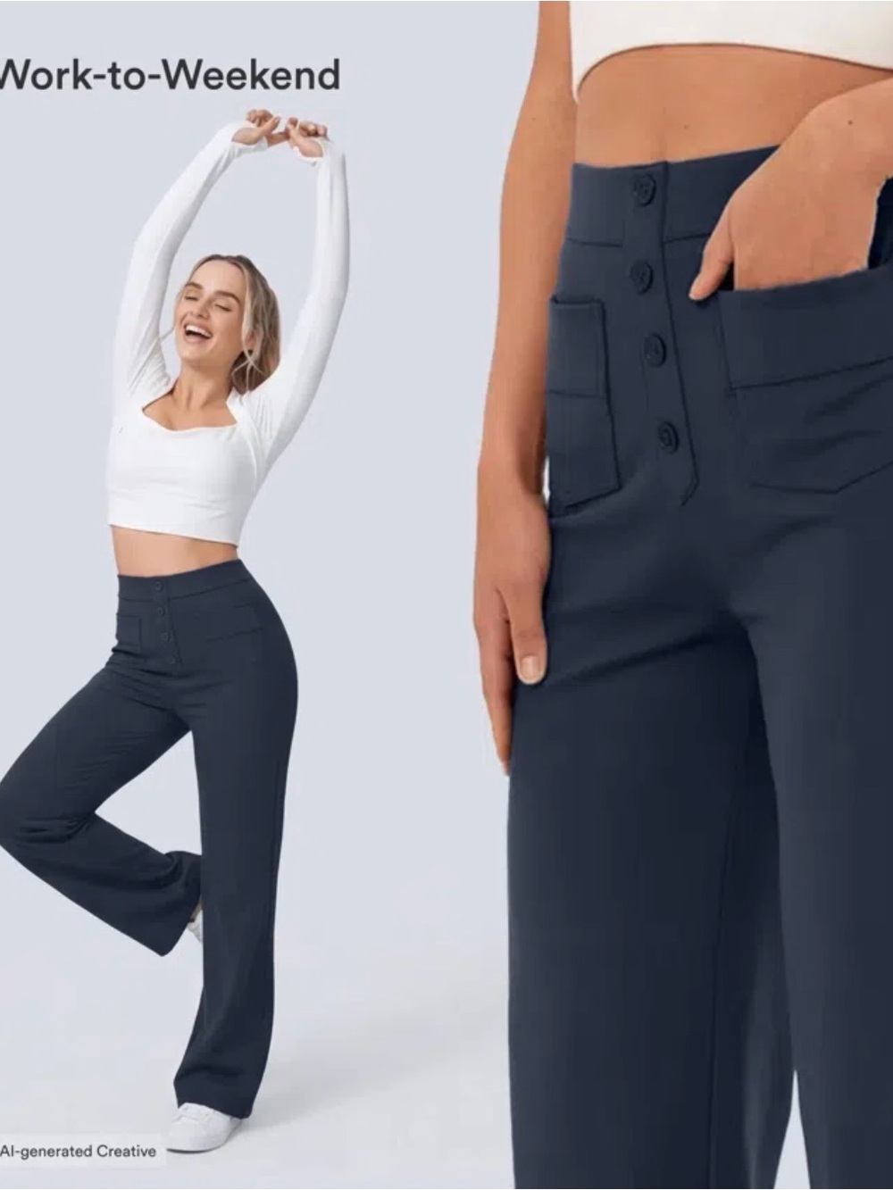 HALARA Navy High-Waist Wide-Leg Pants with Button Front